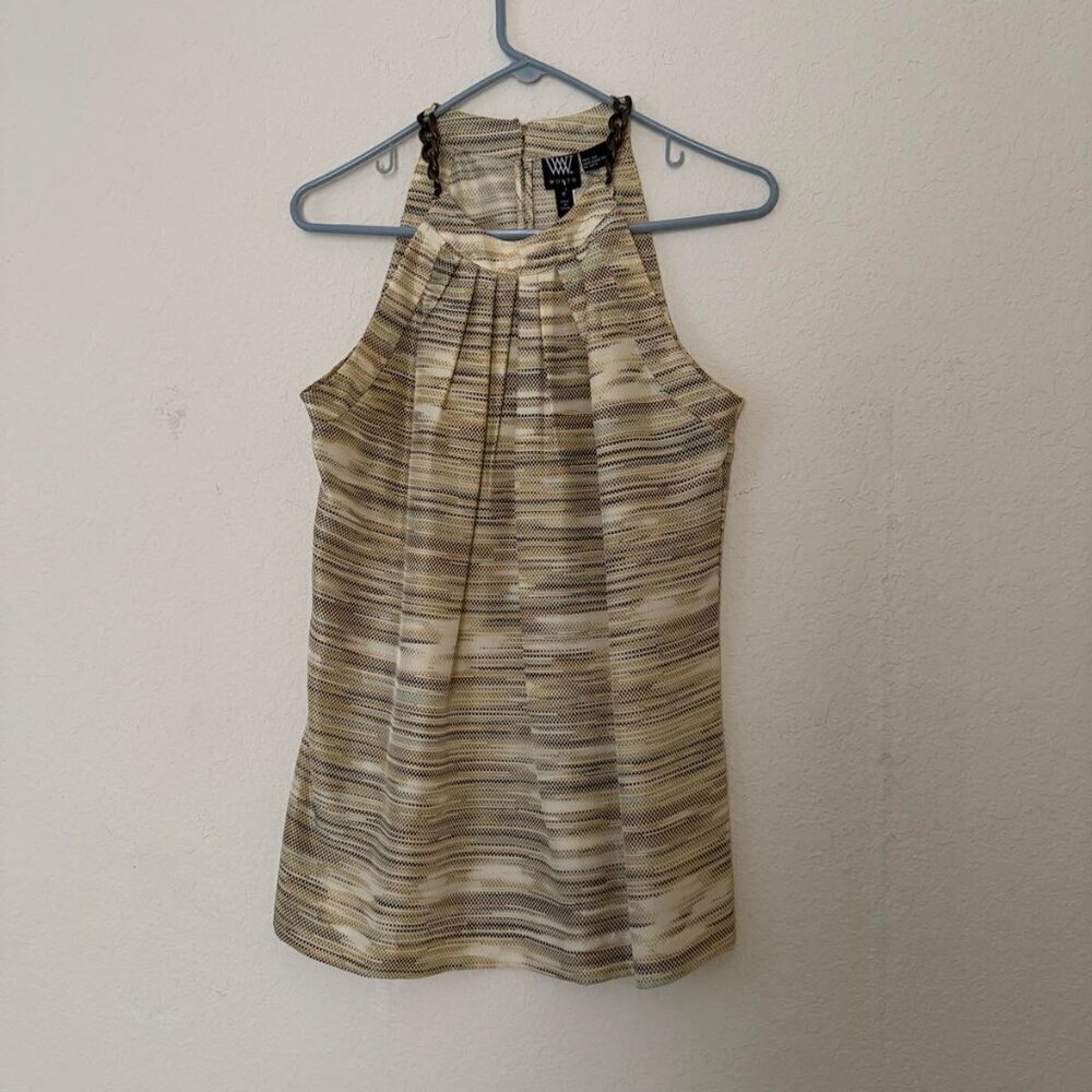 WORTH NY 100% Silk Sleeveless Pleated Neck Blouse in Patterned Fabric Size 8 - Picture 4 of 9